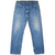 Front view of Levi's 505 indigo blue jeans with faded thighs, five-pocket styling, and zip fly