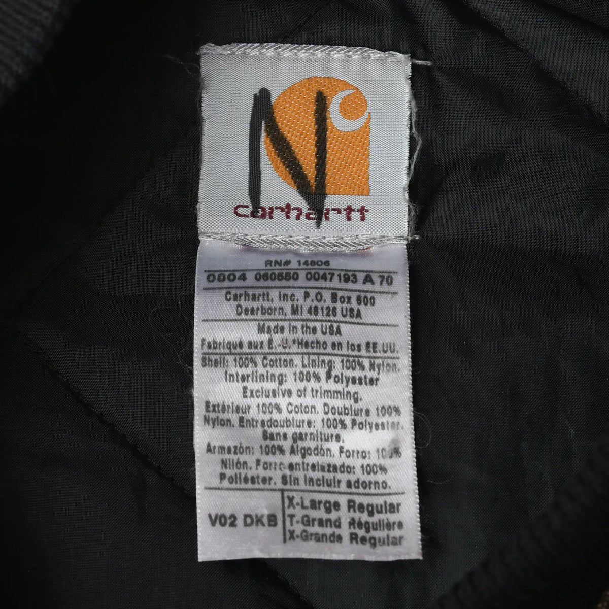 Carhartt interior label showing V02 DKB style and XL Regular size
