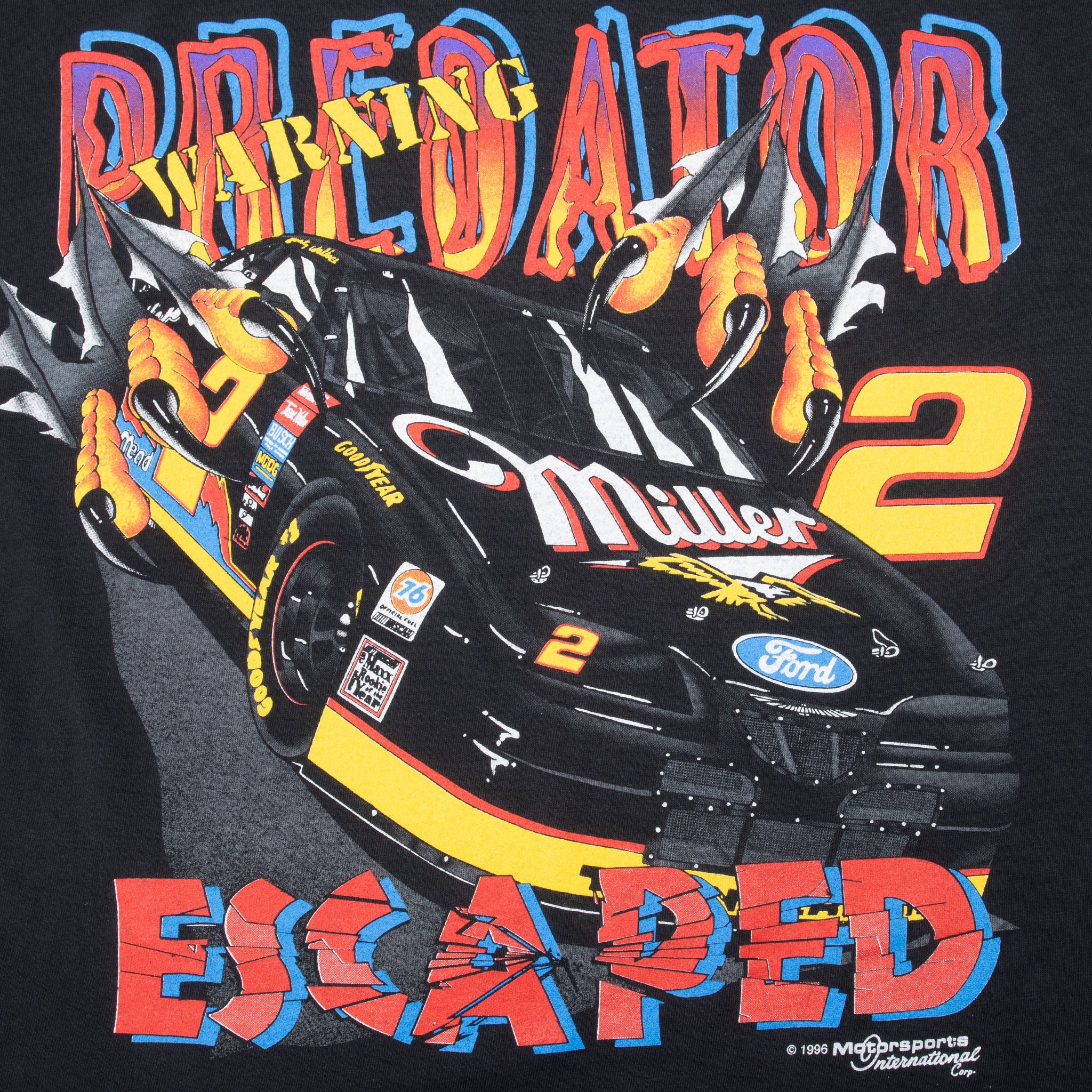 Vintage Nascar Rusty Wallace Predator Escaped 1996 Tee Shirt Large Made In Usa With Singe Stitch Hem