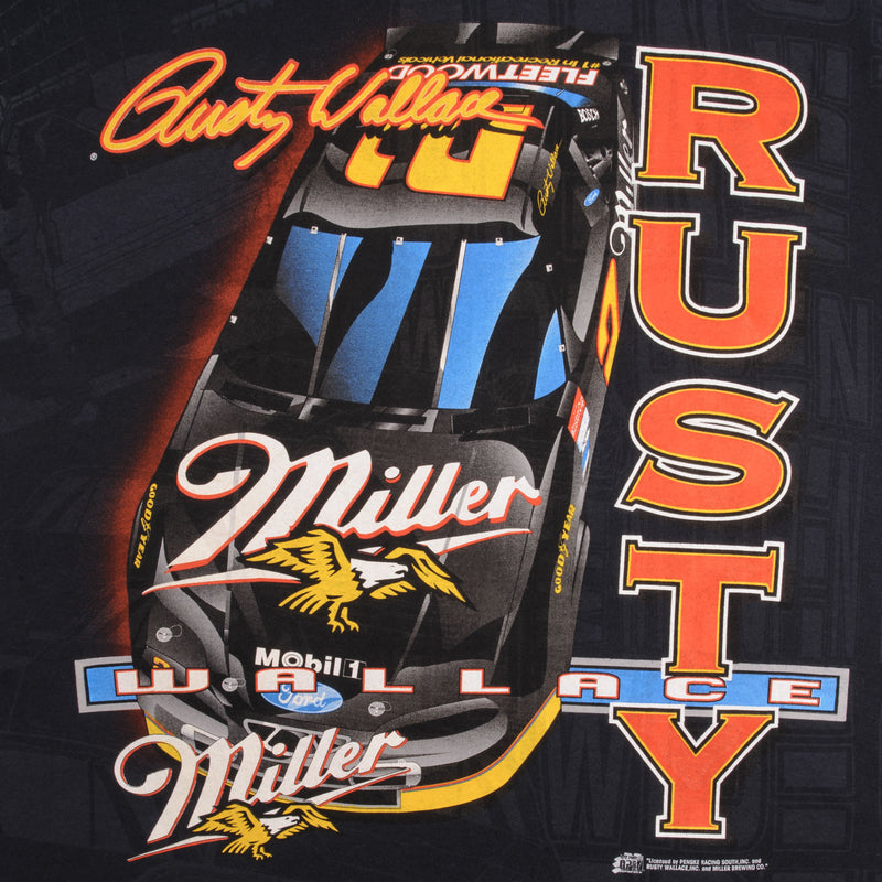 Vintage Nascar All Over Print Rusty Wallace Miller 1990S Tee Shirt Size Large Made In USA
