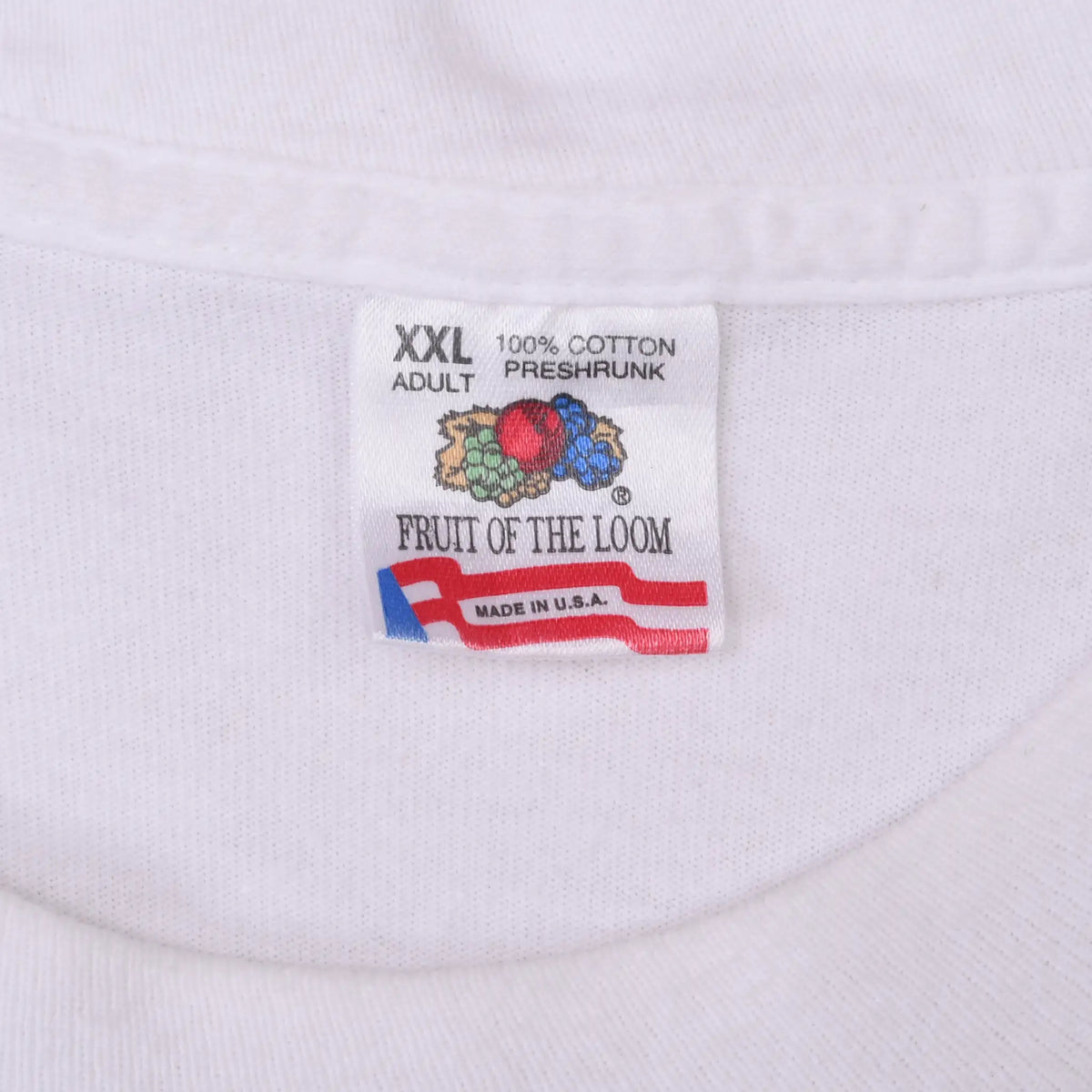 Fruit of the Loom neck label marked XXL, 100% cotton preshrunk and made in USA