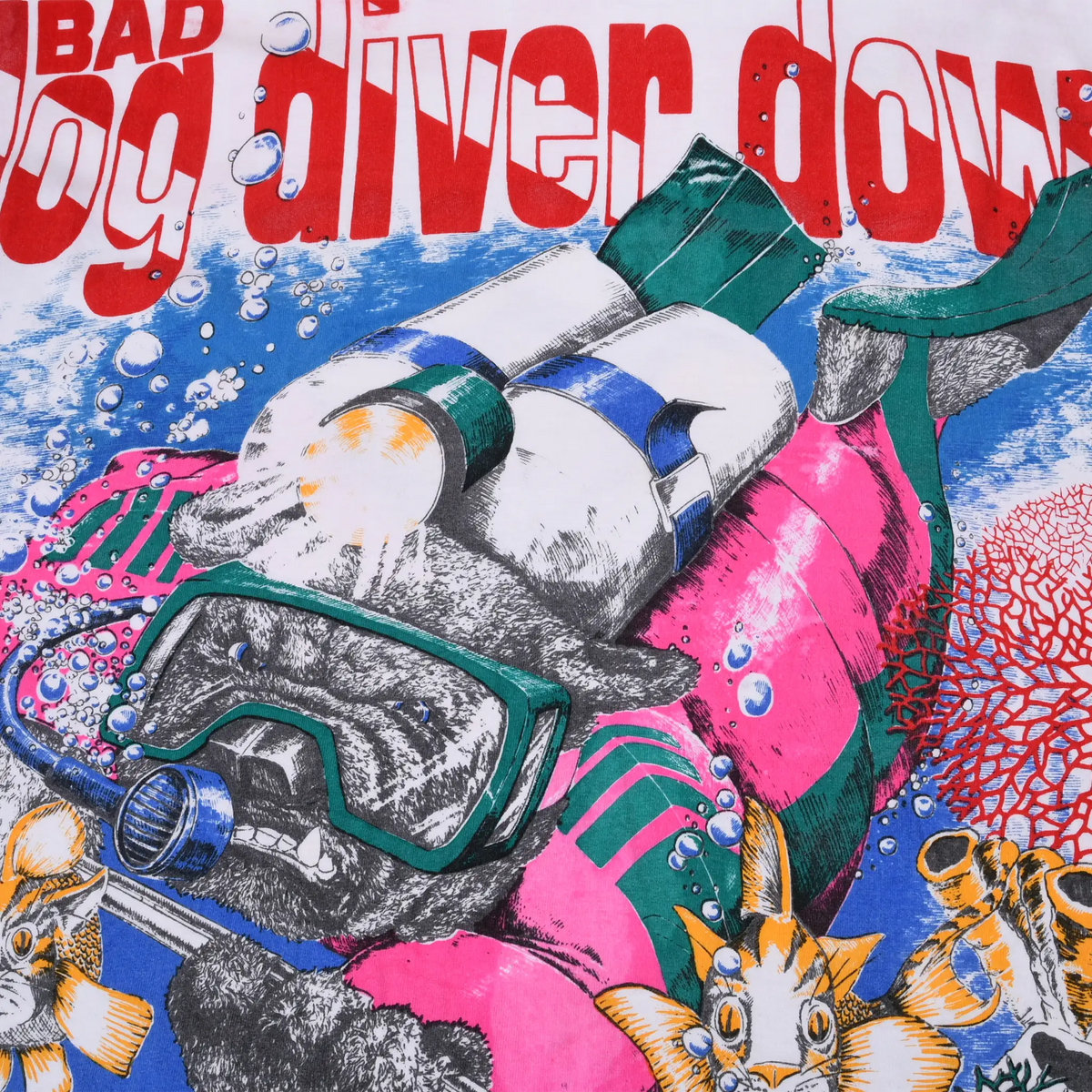 Close-up of Bad Dog Diver Down print showing a dog in pink scuba gear with mask, tanks and fins