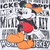 Close-up of Mickey Mouse graphic in colorful cap and orange shoes over black hip-hop text