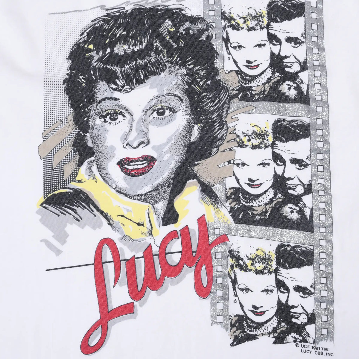 Close-up of Lucille Ball portrait, red Lucy script, and Lucy and Desi filmstrip graphic