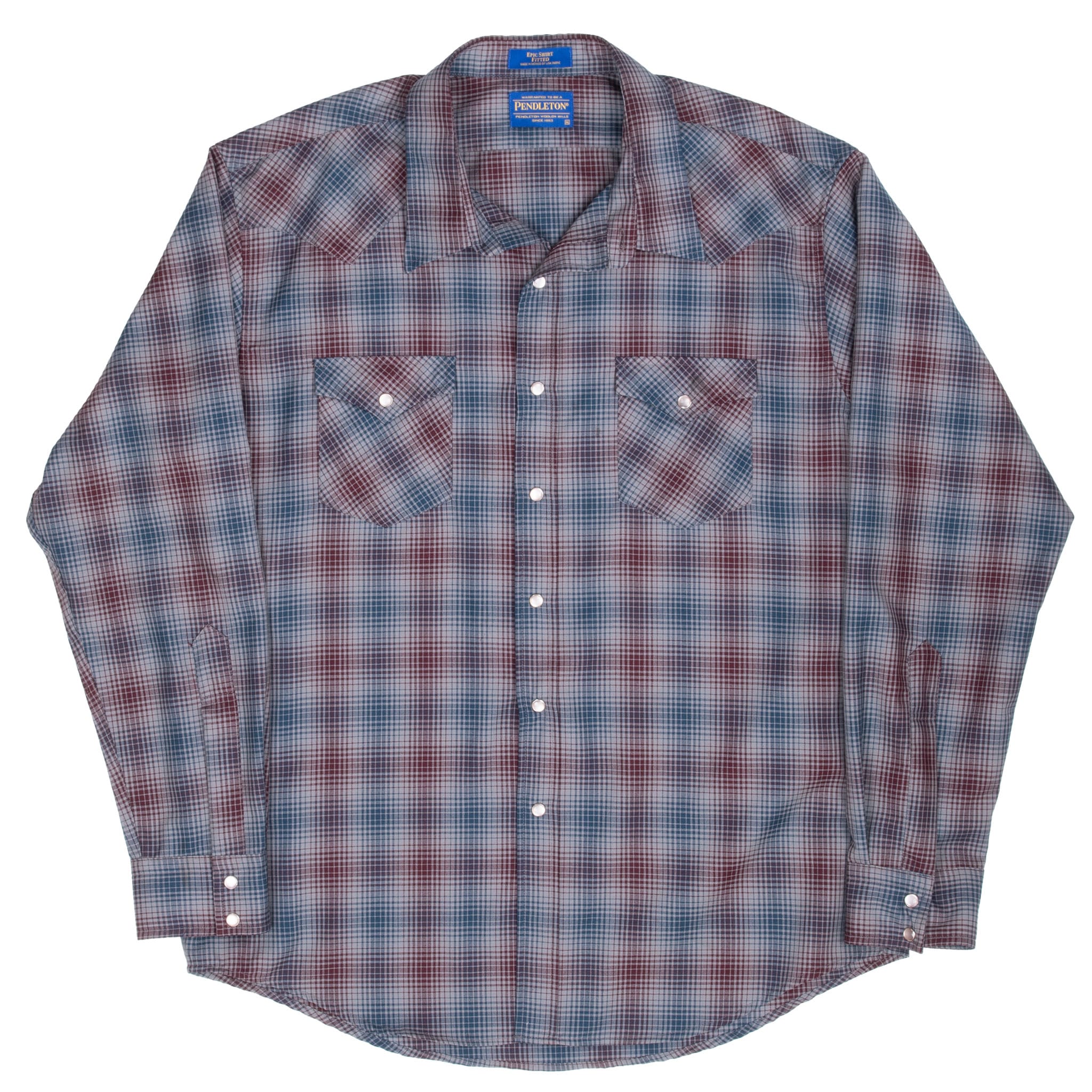 Vintage Pendleton Grey Blue Burgundy Plaid Pearl Buttons Western Wool Shirt 2000S Size Xl
