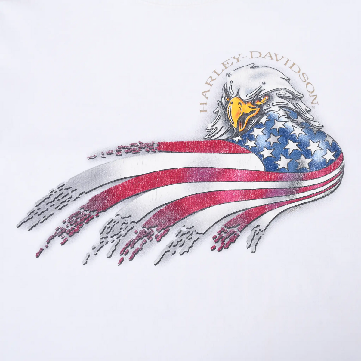 Close-up of Harley-Davidson bald eagle and flowing American flag front graphic