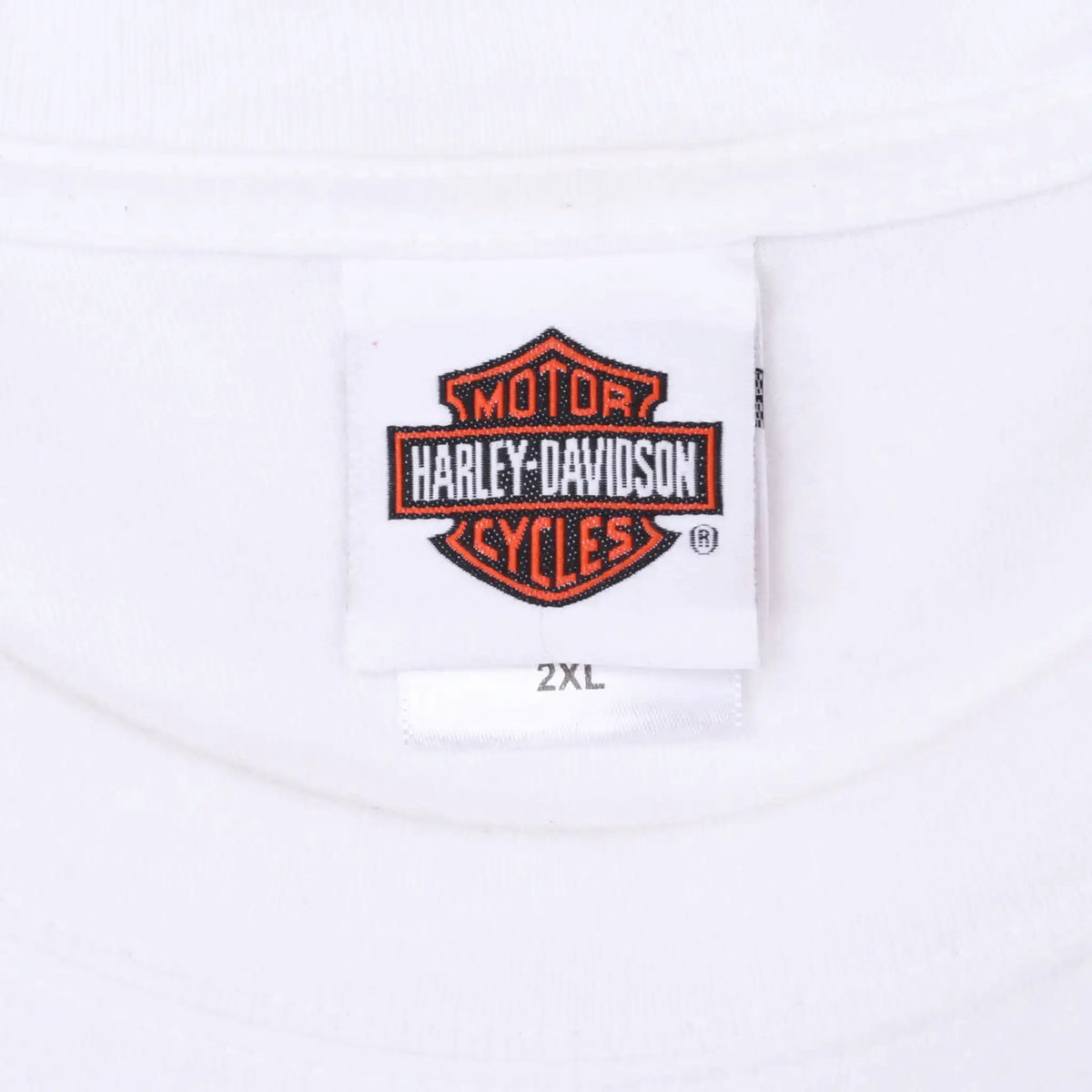 Harley-Davidson Motor Cycles neck tag marked 2XL on white shirt