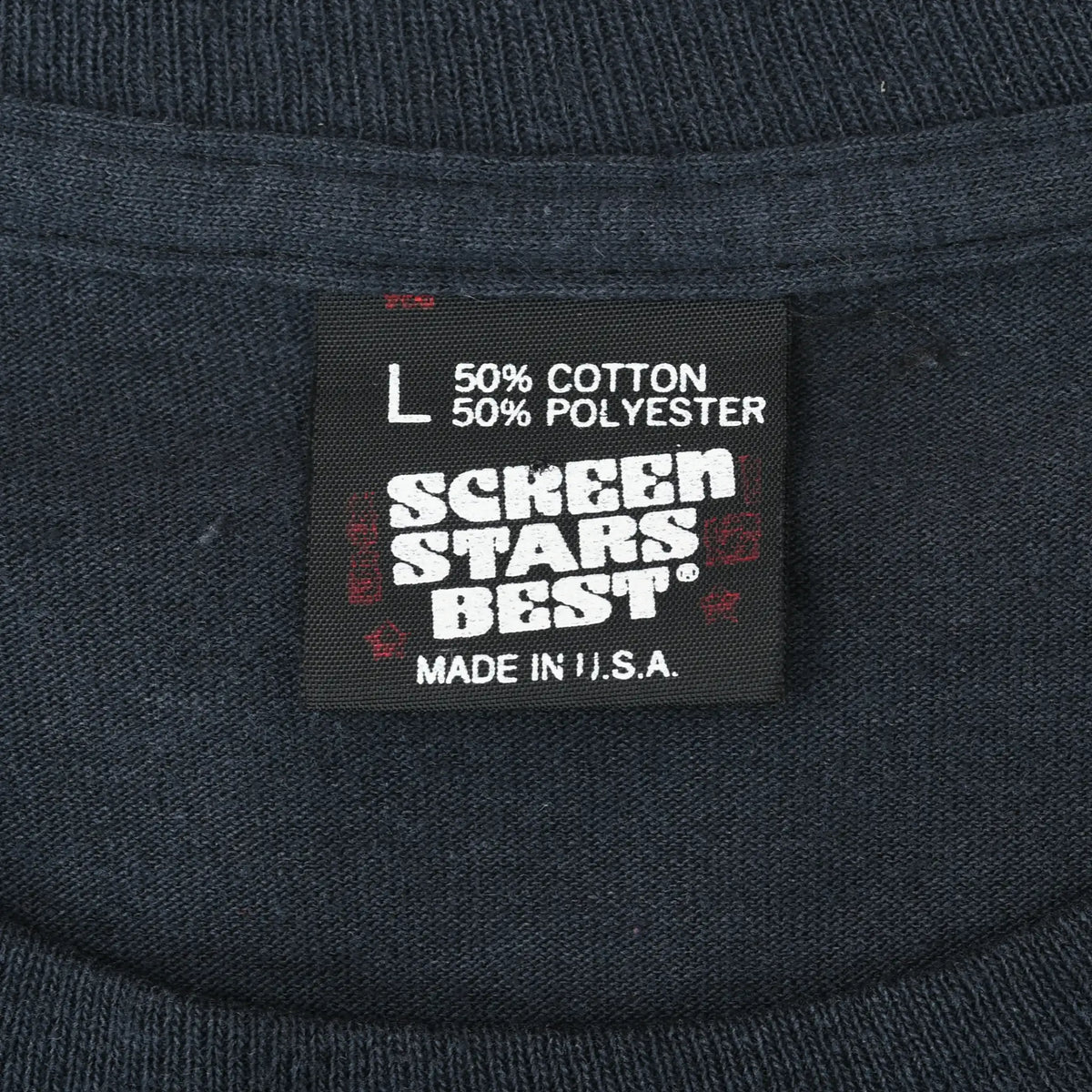 Screen Stars Best neck tag marked L, 50% cotton, 50% polyester, and made in USA