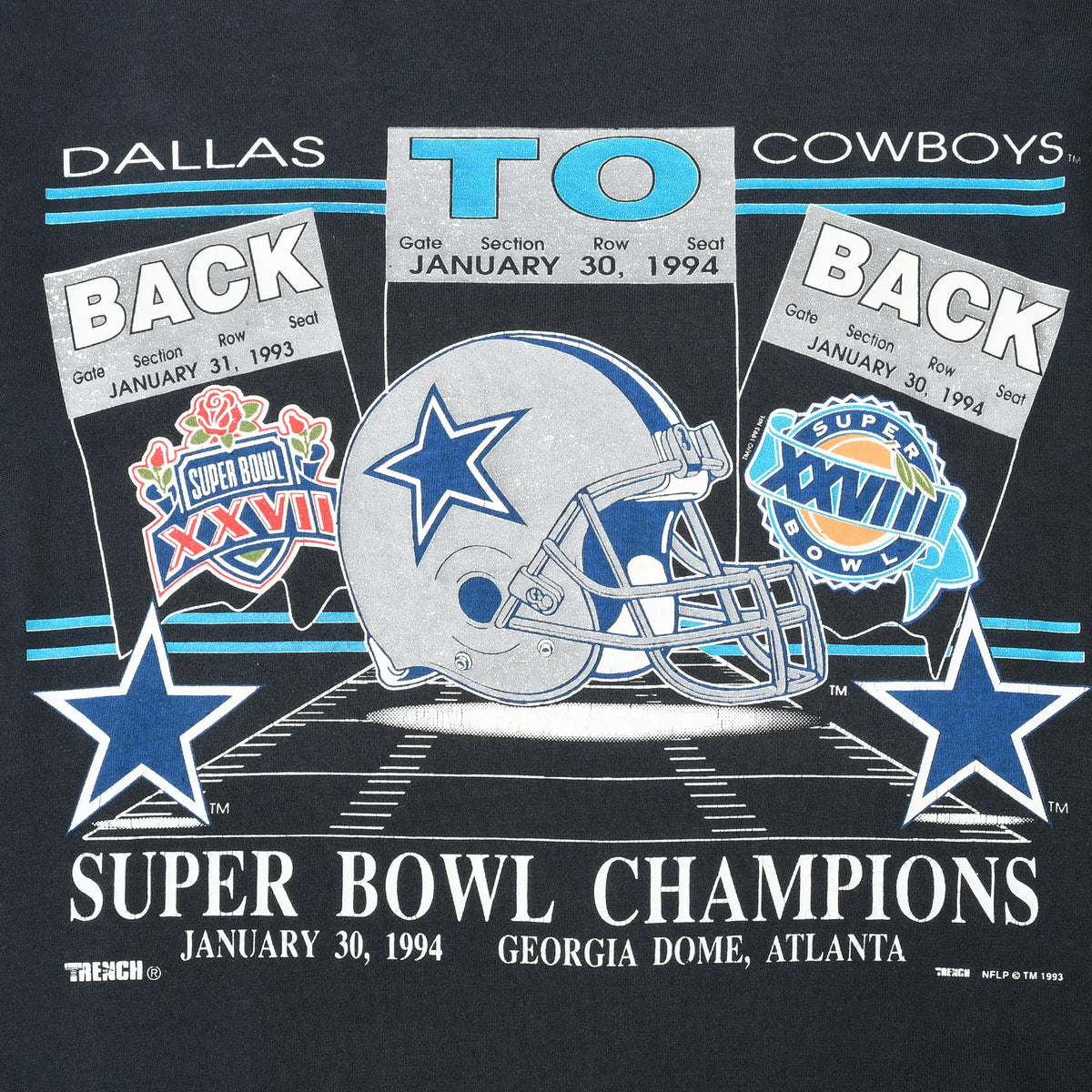 Dallas Cowboys back-to-back Super Bowl champions print with helmet, stars, and game tickets