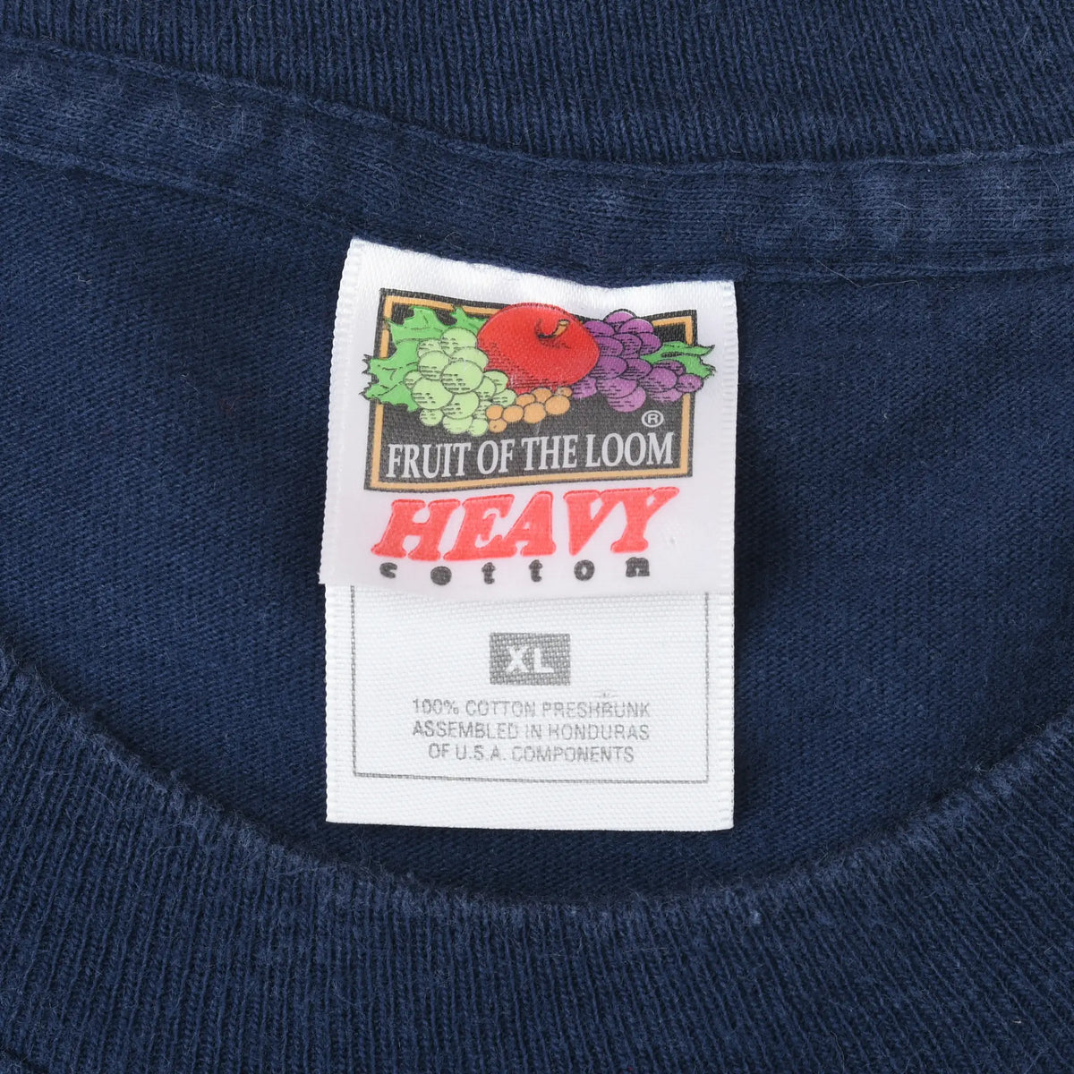Fruit of the Loom Heavy Cotton XL neck label on navy T-shirt