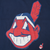 Close-up of red, white, and blue Chief Wahoo front graphic on navy T-shirt