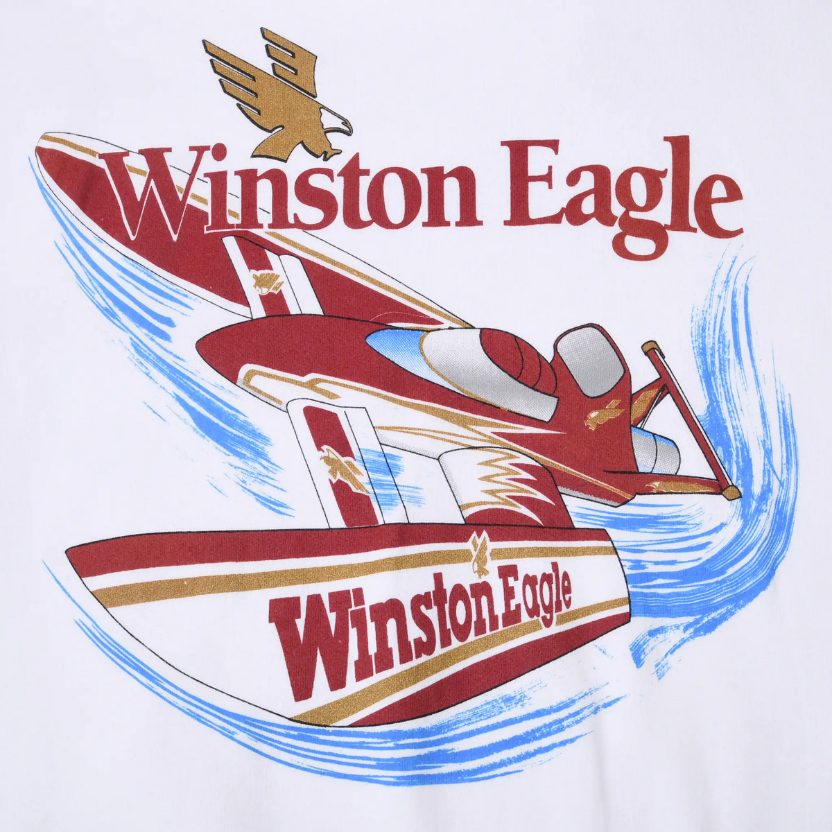 Close-up of front Winston Eagle print with red hydroplane and blue water strokes