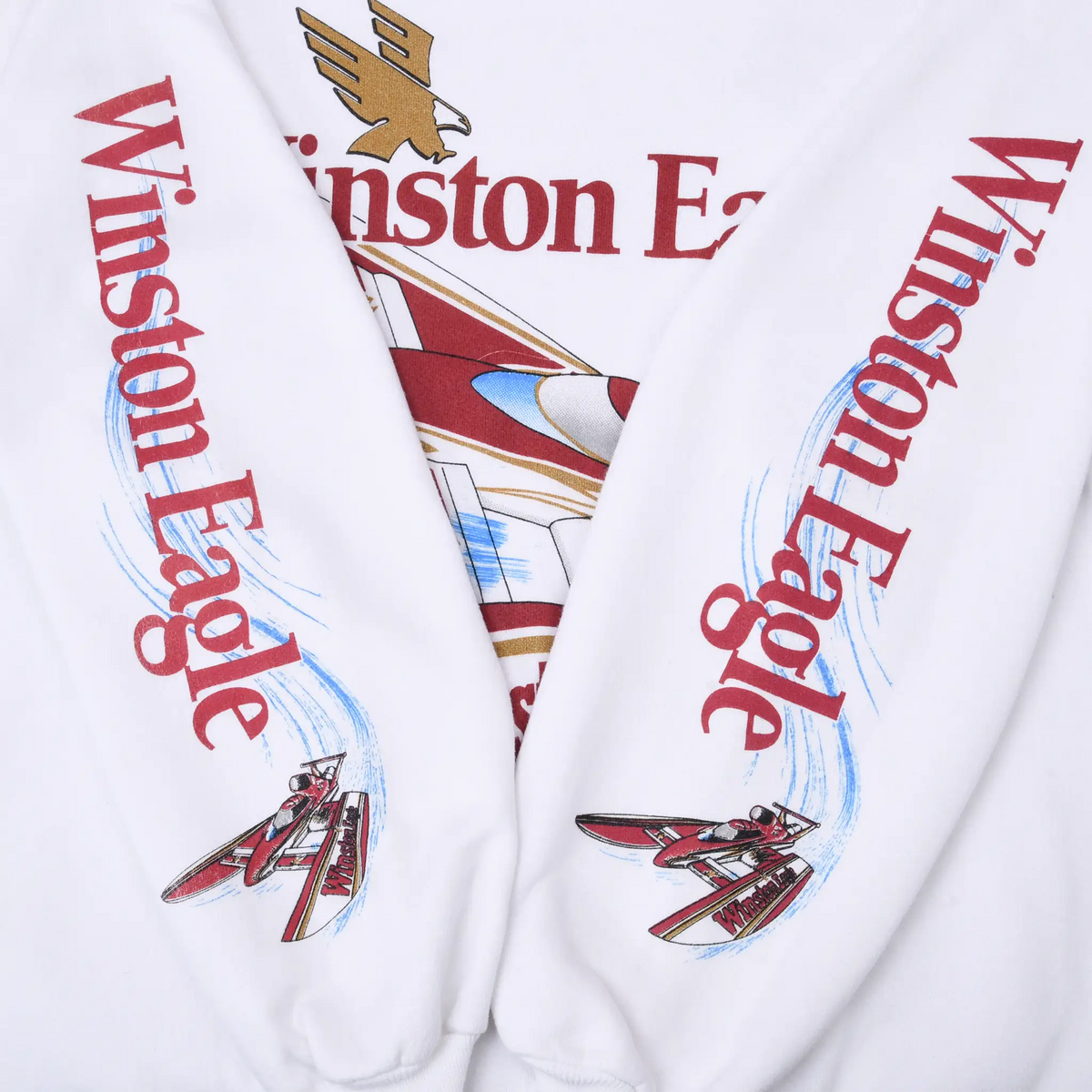 Close-up of both sleeves with red Winston Eagle text and hydroplane graphics