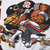 Close-up of Chicago Bears football player and bear character print in orange, navy, gray, and yellow