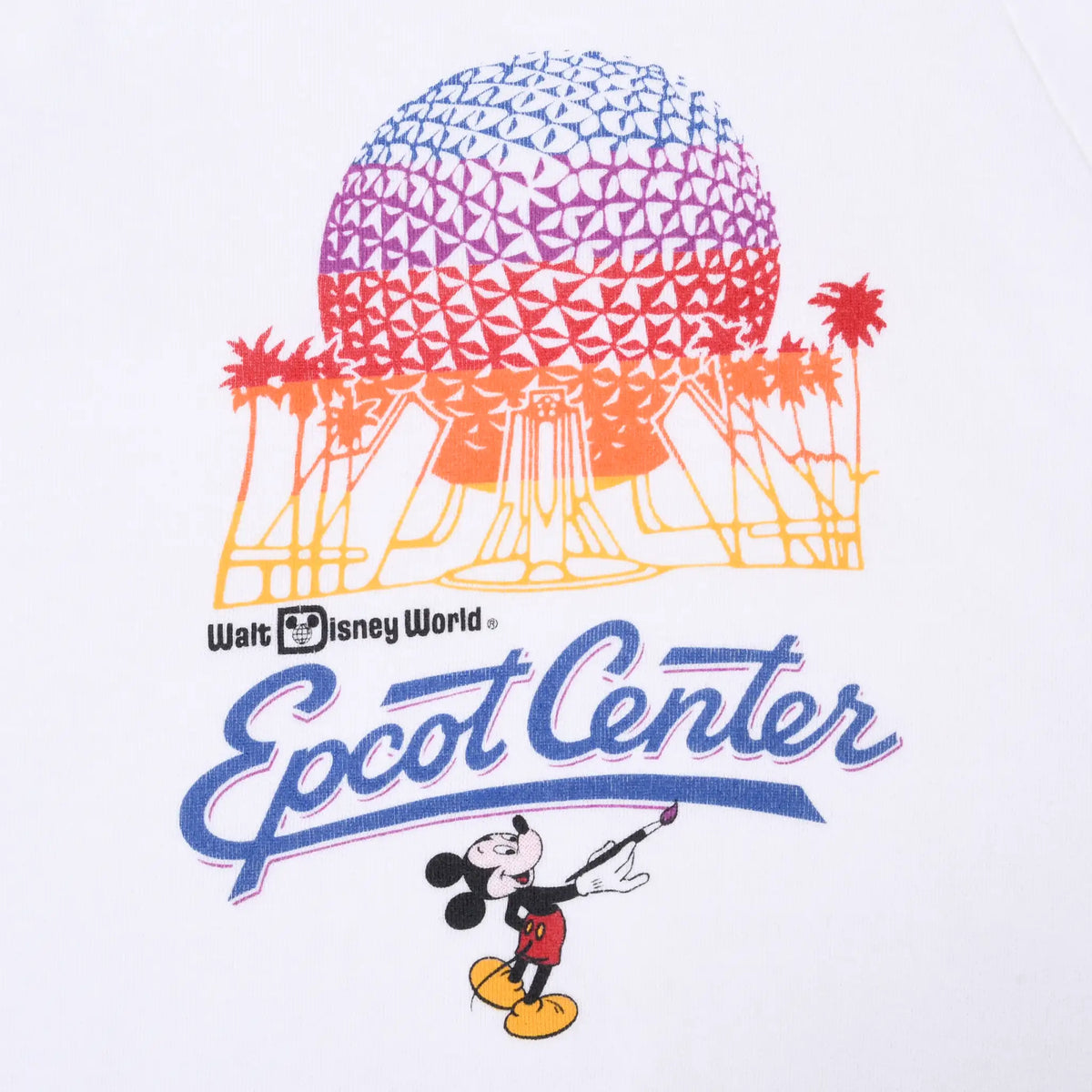 Close-up of Epcot Center graphic with Spaceship Earth, palm trees, and Mickey Mouse