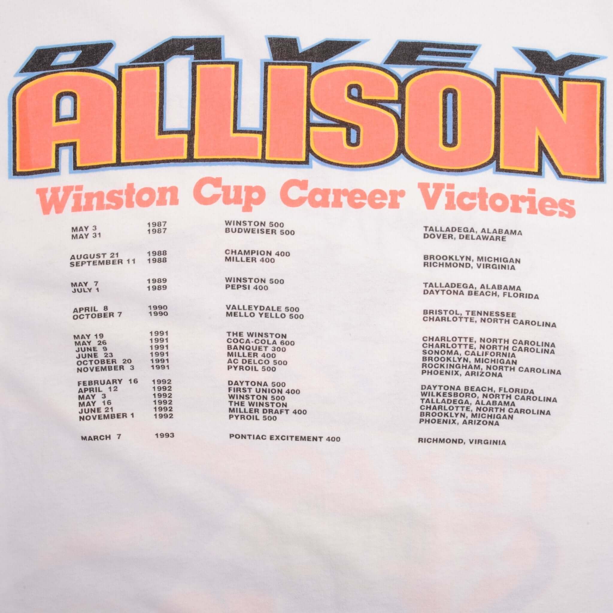 Vintage Nascar Davey Allison 1993 Memorial Tee Shirt Size Large Made In Usa With Single Stitch Sleeves