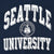 Close-up of white Seattle University lettering and circular crest on navy sweatshirt
