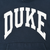 Close-up of white arched DUKE chest print on navy hoodie