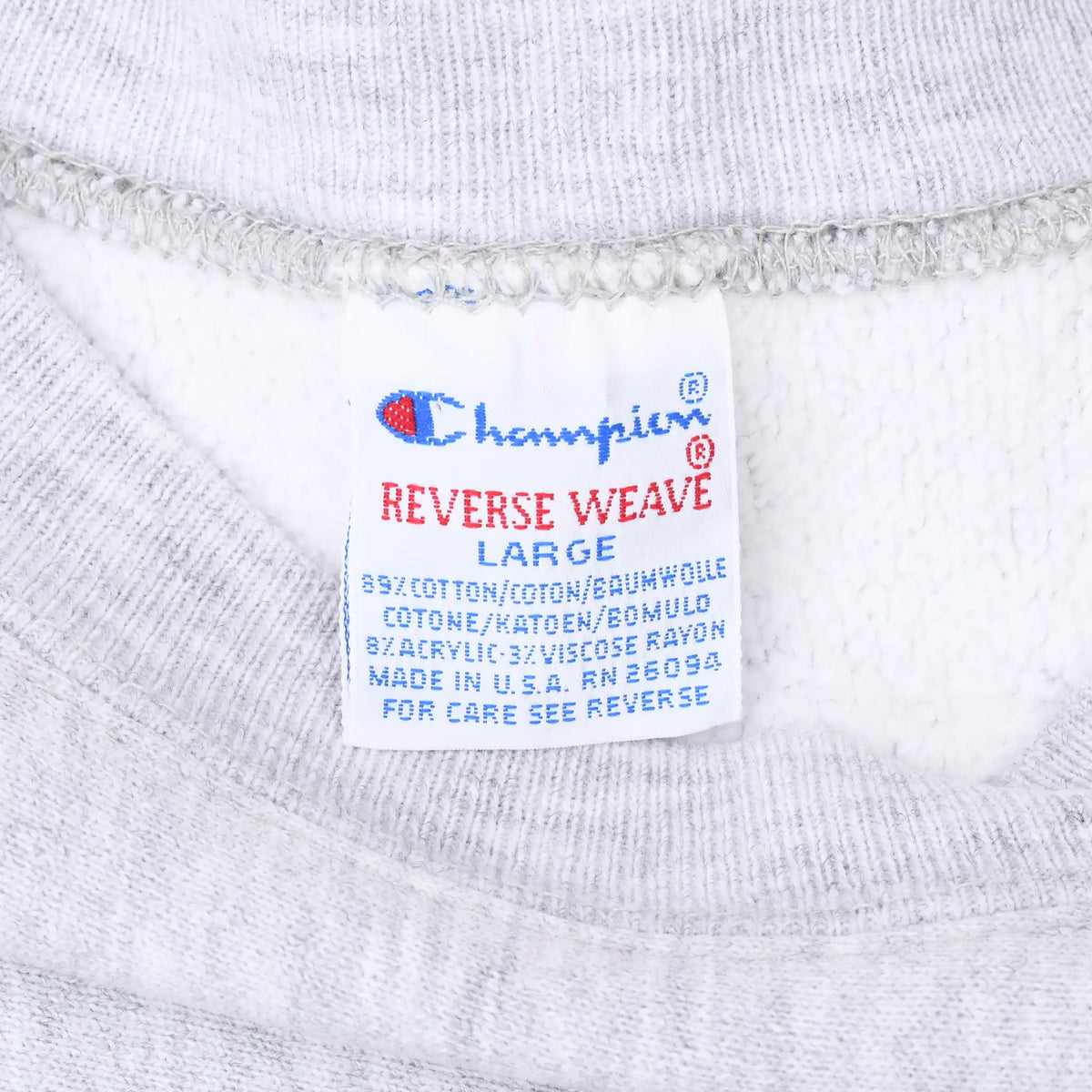 Champion Reverse Weave large neck label inside gray sweatshirt