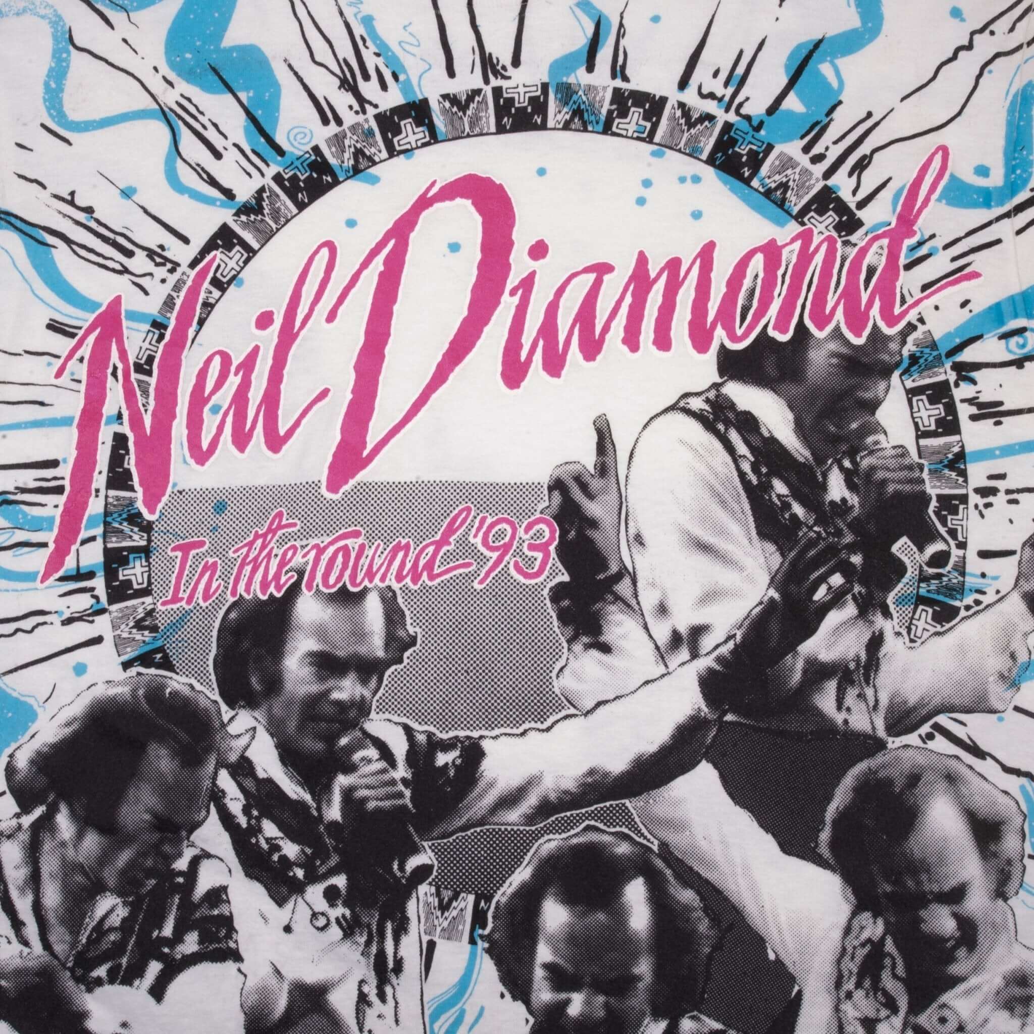 Vintage All Over Print Neil Diamond In the Round 93 Tee Shirt Size Large with single stitch sleeves