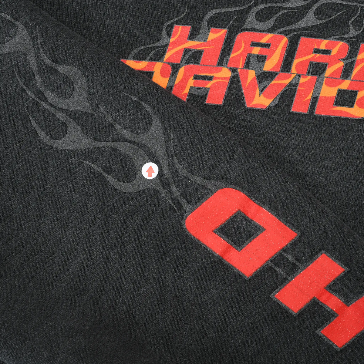 Close-up of gray sleeve flames and red H-D print with a marked spot on the black fabric