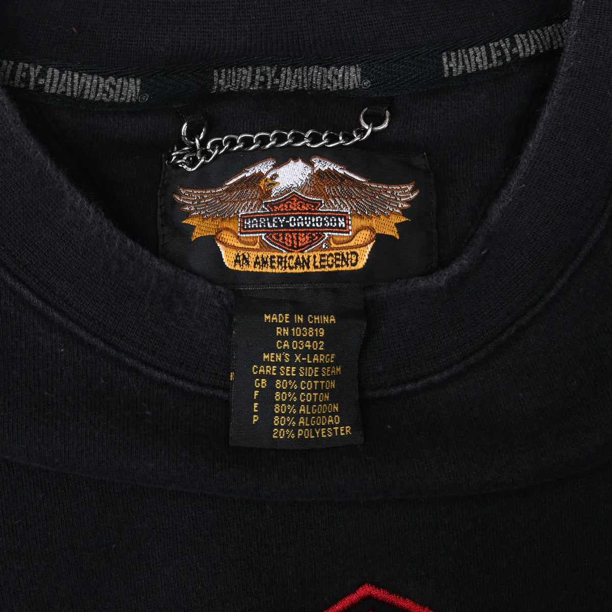 Harley-Davidson eagle neck label and care tag inside black sweatshirt