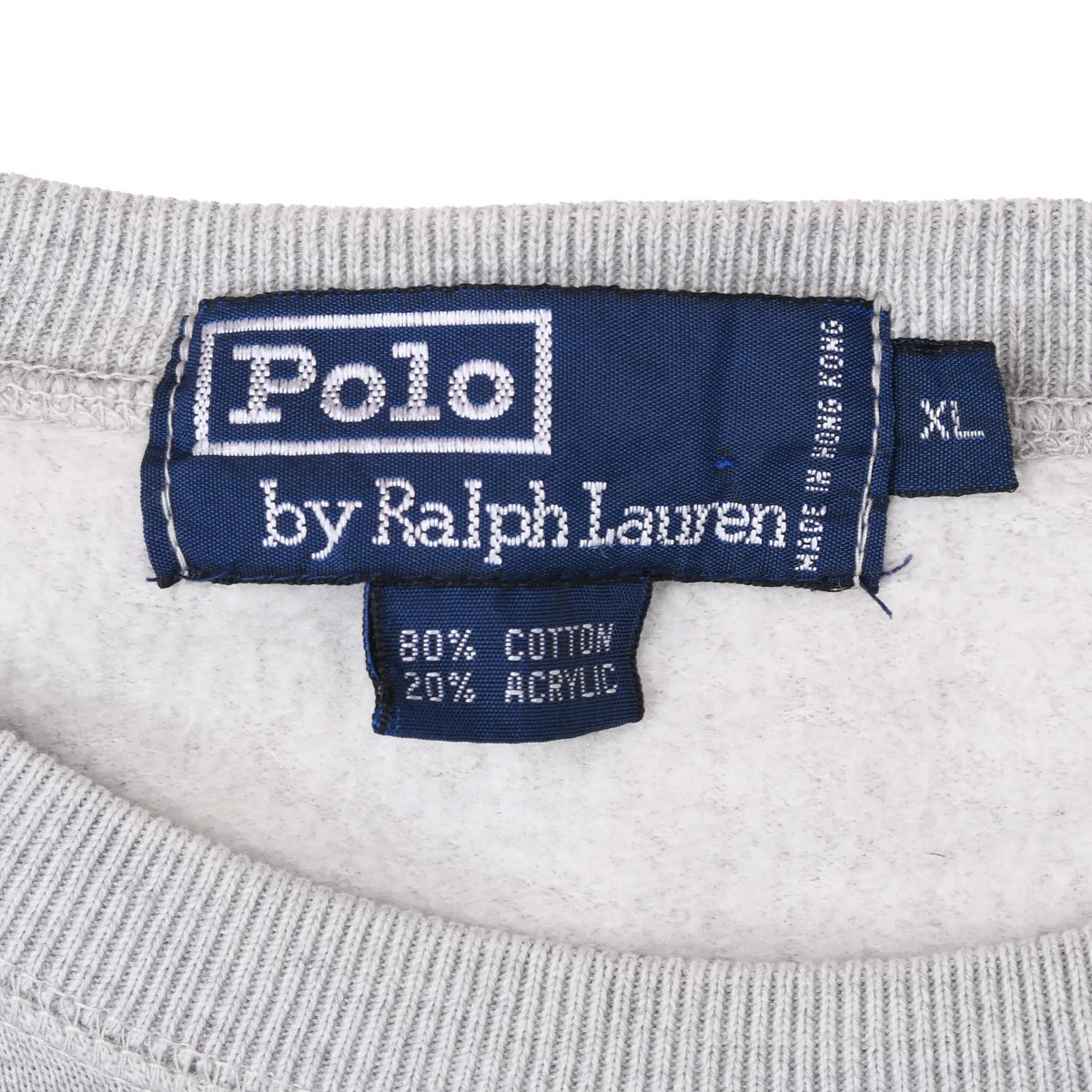 Polo by Ralph Lauren neck label with XL size tab and 80% cotton, 20% acrylic tag
