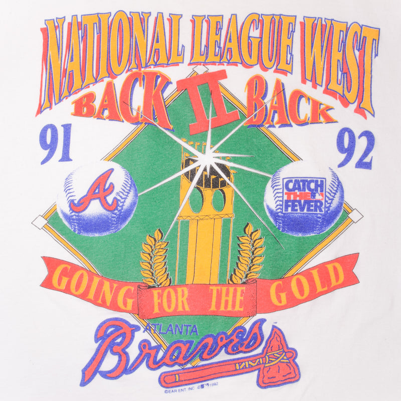 Vintage MLB Atlanta Braves Western Division Champions 1992 Back to Back White Tee Shirt Size XL Made In USA With Single Stitch Sleeves