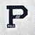 Close-up of navy and white chenille P varsity patch with Polo lettering