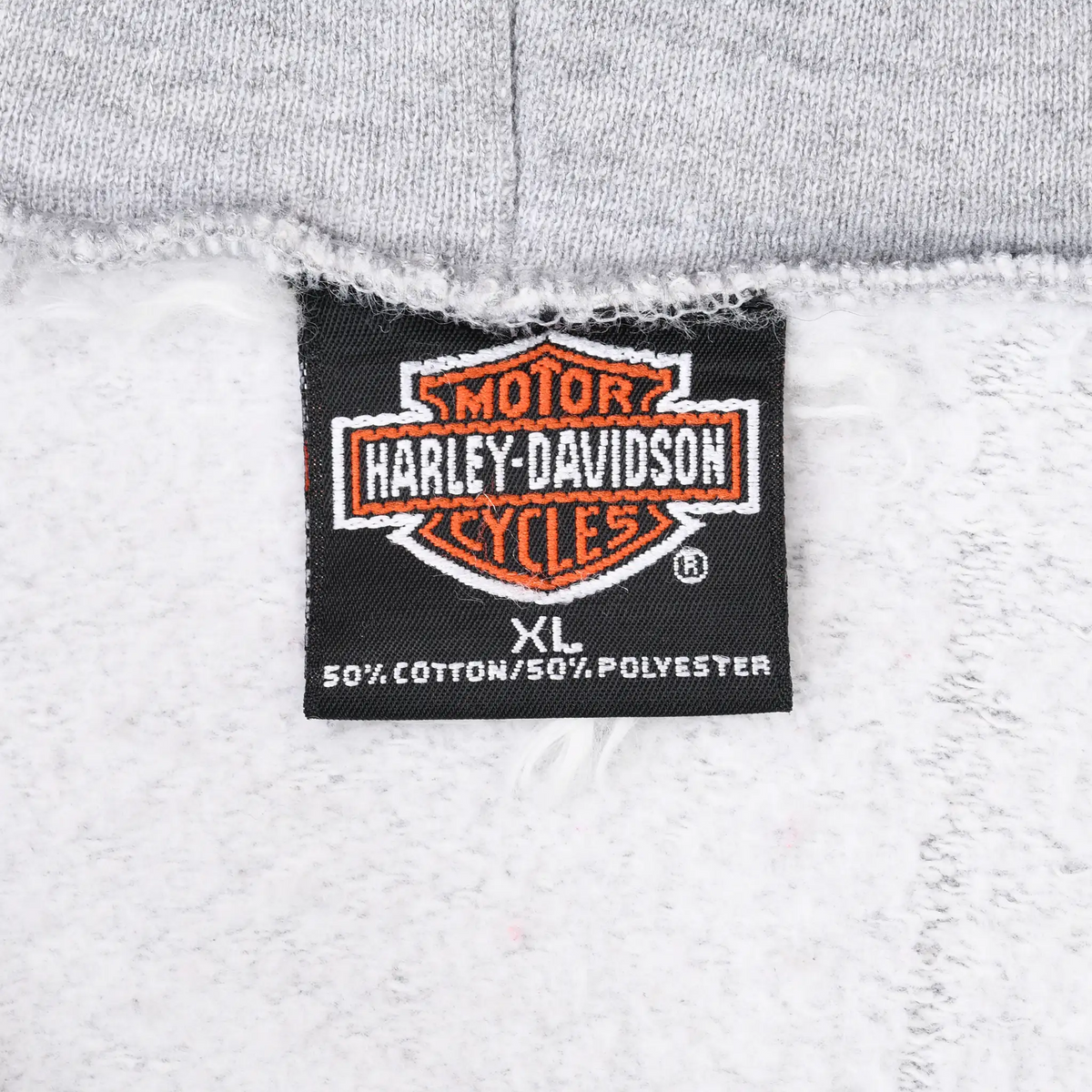 Harley-Davidson XL neck tag showing 50% cotton and 50% polyester