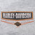 Close-up of black, orange, and white Harley-Davidson chest graphic on gray fabric