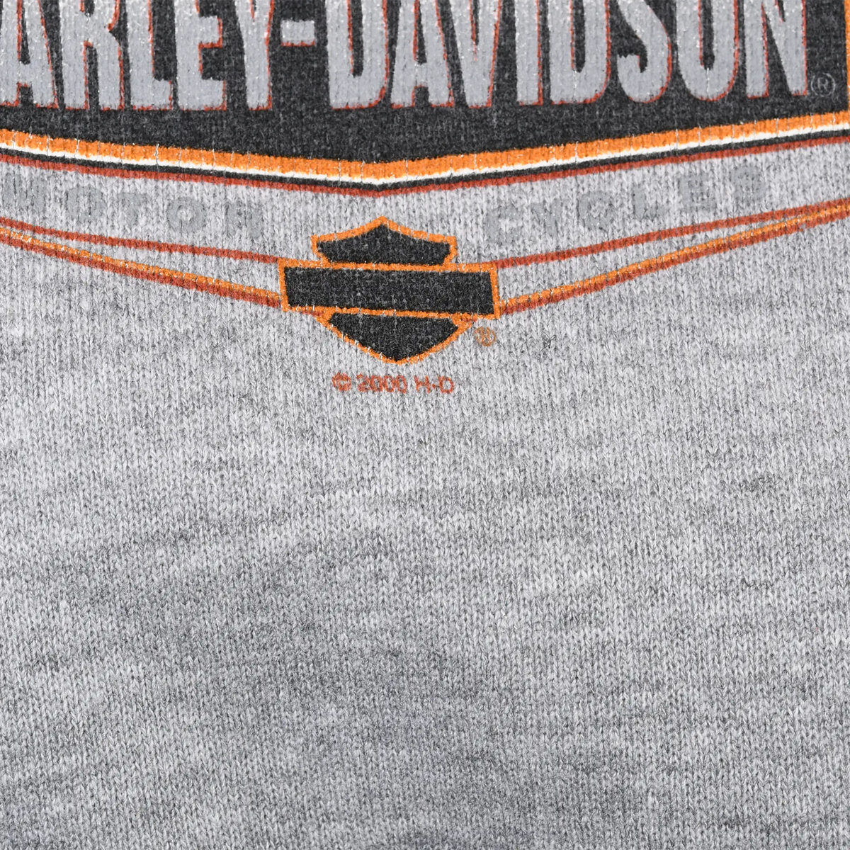 Close-up of Harley-Davidson chest graphic with orange lines and small © 2000 H-D mark