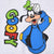 Close-up of front Goofy graphic and colorful vertical lettering on gray sweatshirt