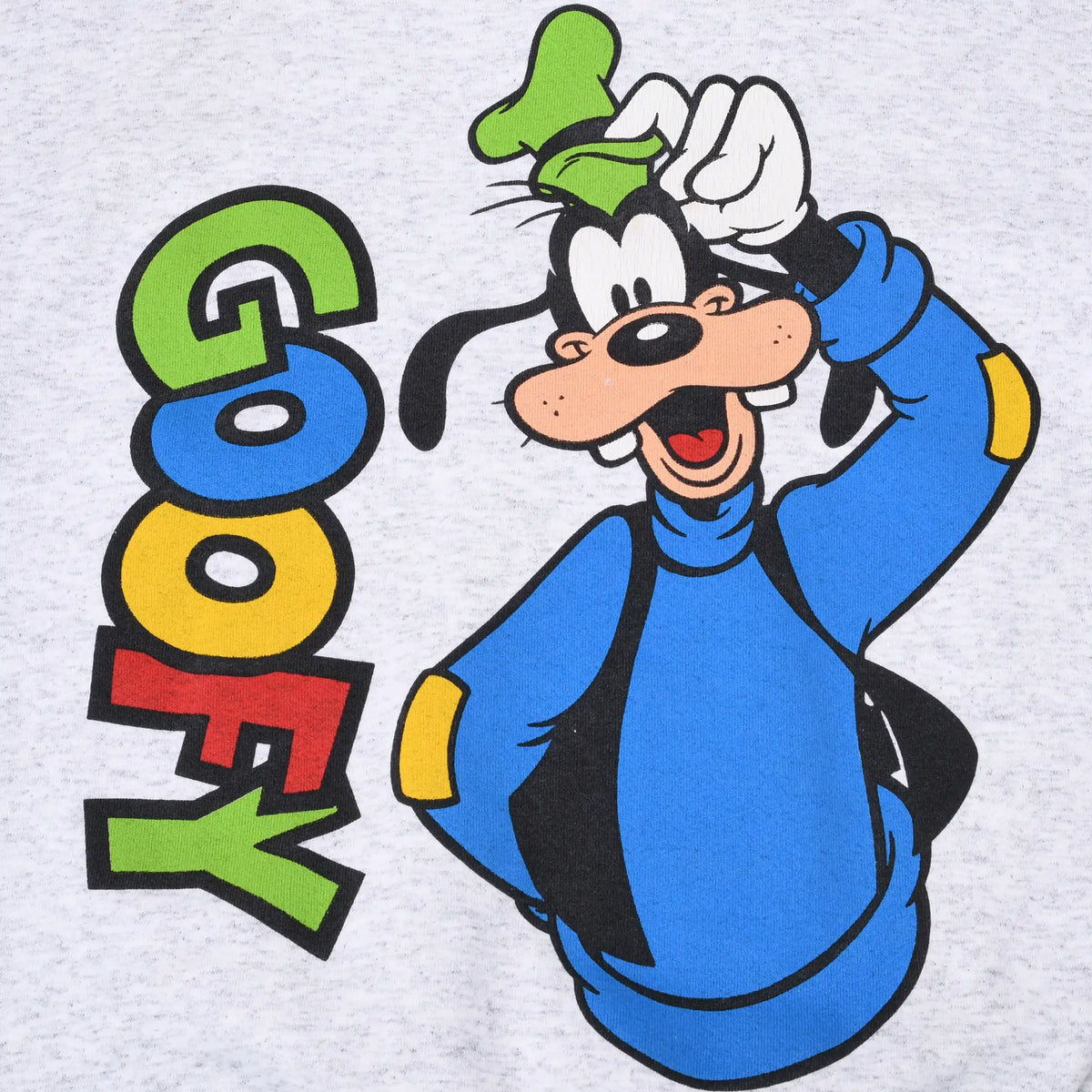 Close-up of front Goofy graphic and colorful vertical lettering on gray sweatshirt