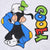 Close-up of back graphic showing seated Goofy beside colorful vertical lettering