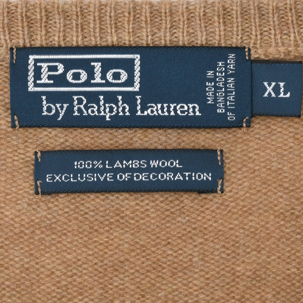 Polo by Ralph Lauren XL neck label and 100% lambswool fabric label