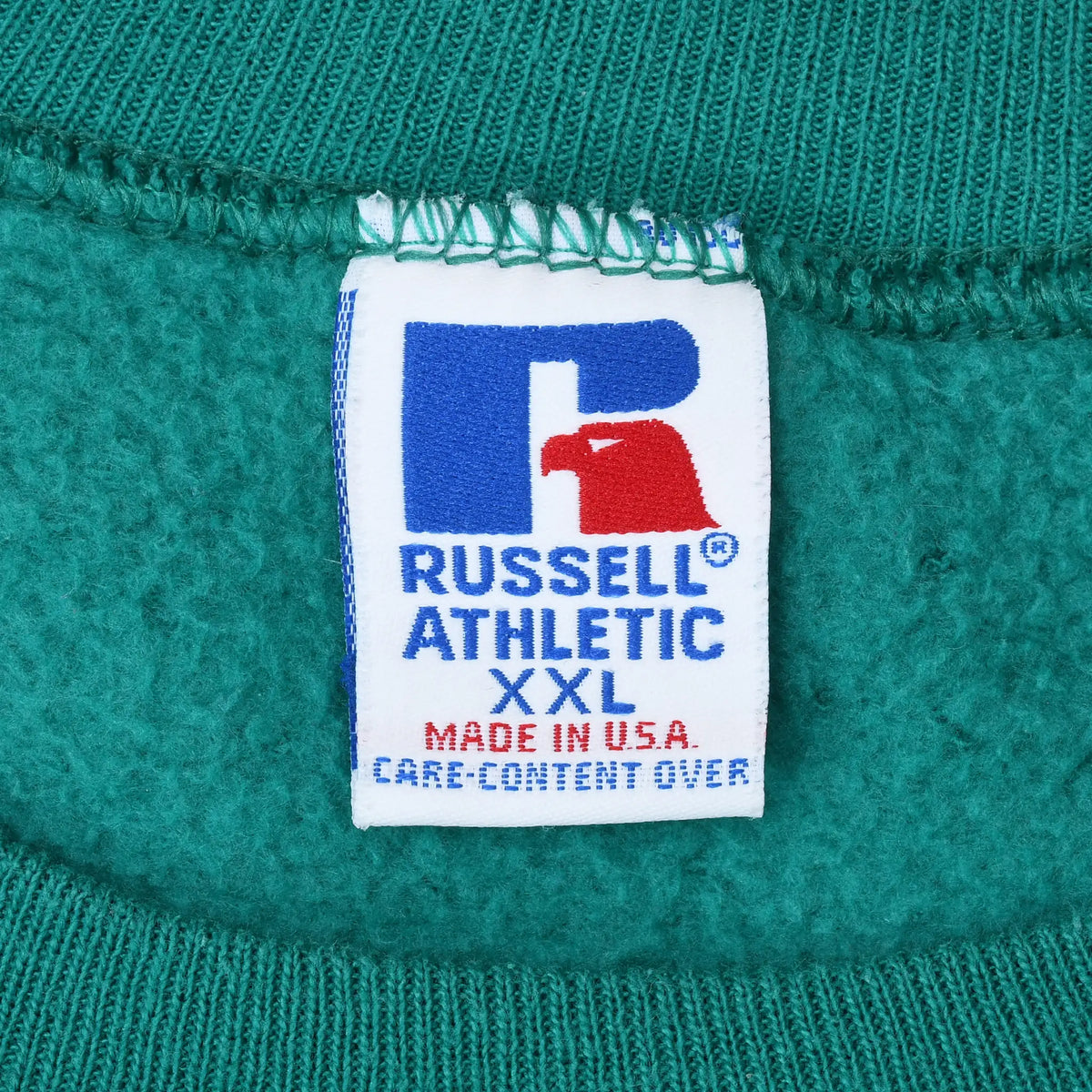 Russell Athletic XXL Made in USA neck label on teal sweatshirt