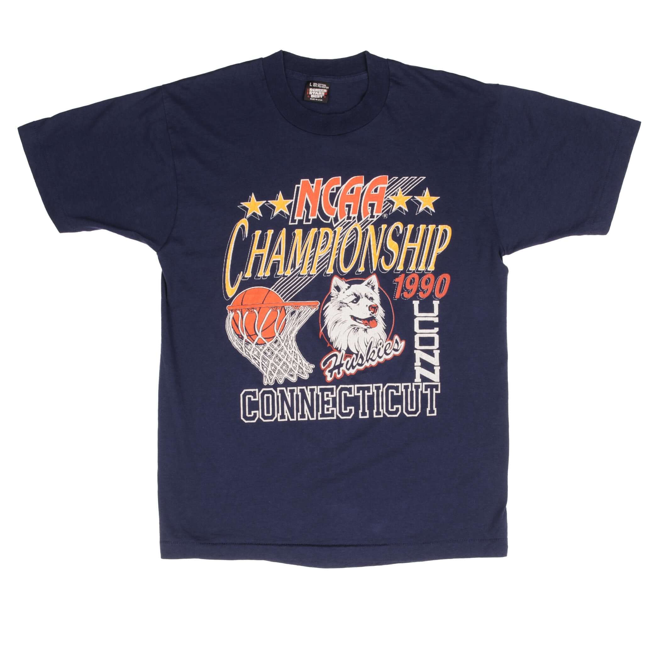 Vintage Ncaa Uconn Huskies Basketball 1990 Tee Shirt Size Medium Made In Usa With Single Stitch Sleeves