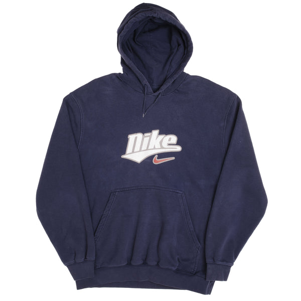 Vintage Navy Blue Nike Spellout Swoosh Hoodie 2000S Size XL