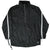 Full front of black Nike pullover windbreaker with white side stripes, half zip, and drawcord hem