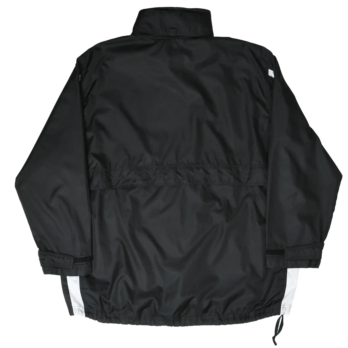 Back of black Nike pullover windbreaker with white side panels and adjustable drawcord hem