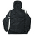 Back of black Nike hooded jacket with white shoulder and sleeve stripes and Swoosh logo