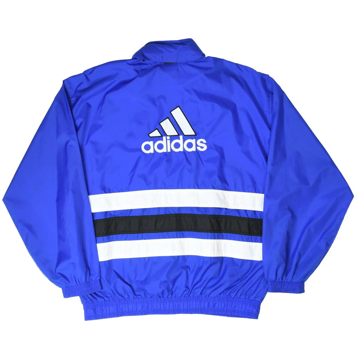 Back of royal blue adidas windbreaker with large white logo and black-and-white horizontal stripes