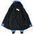 Open blue Carhartt hooded jacket showing black quilted interior lining and neck label