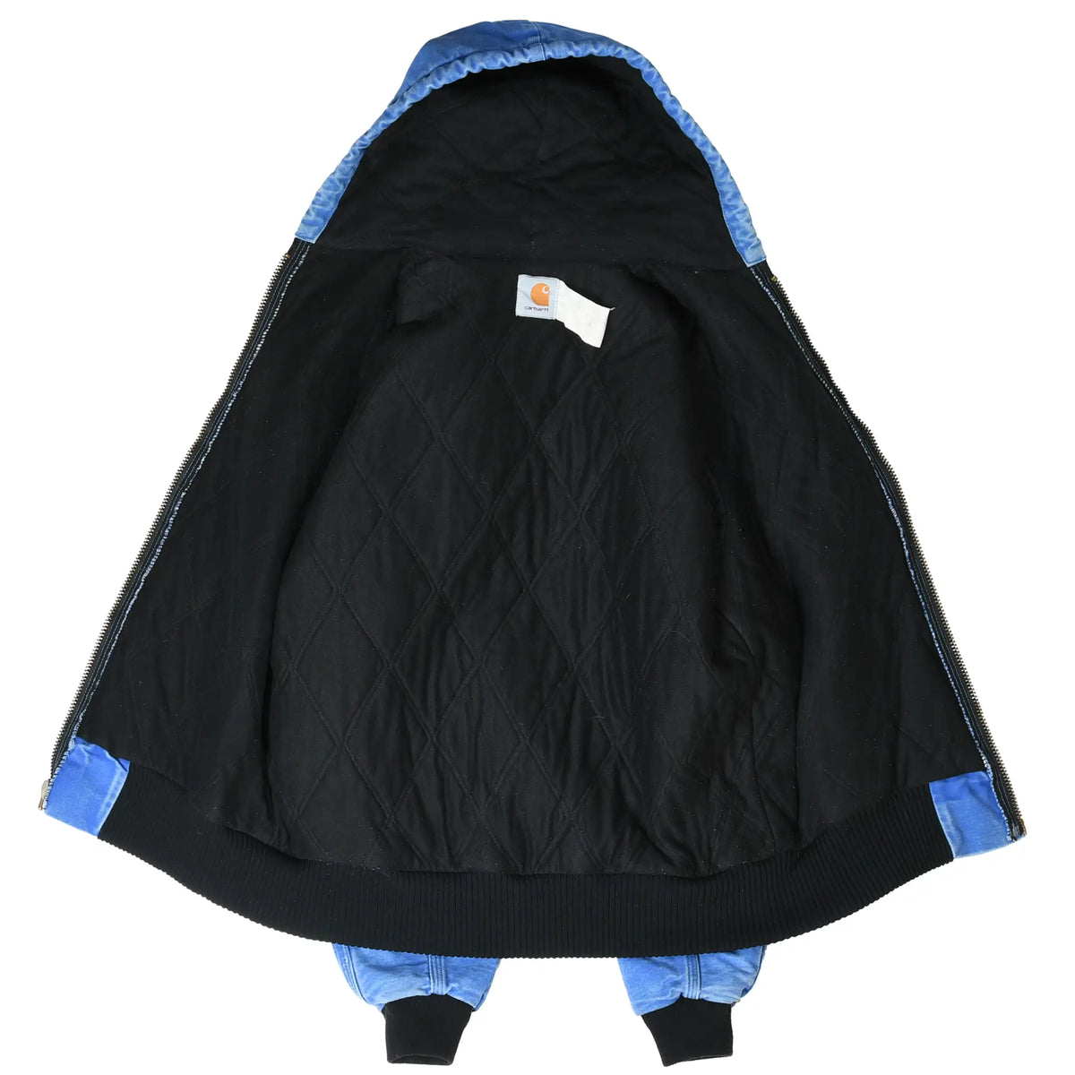 Open blue Carhartt hooded jacket showing black quilted interior lining and neck label