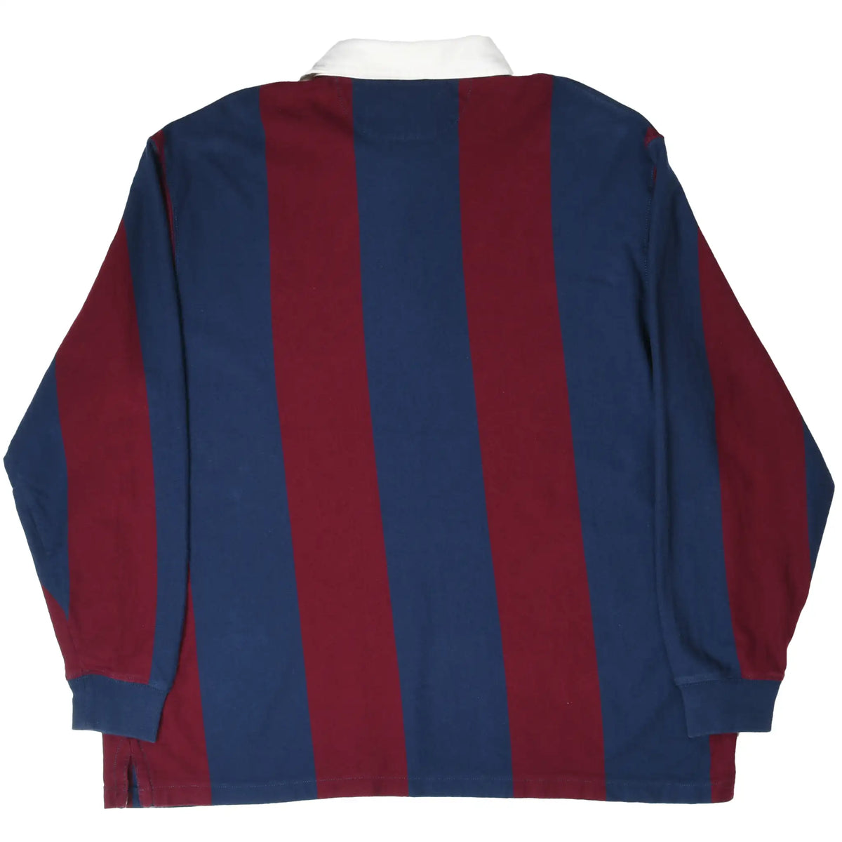 Back of Polo Ralph Lauren rugby shirt with wide burgundy and navy stripes and white collar