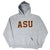 Full front view of gray Arizona State hoodie with maroon and gold ASU lettering