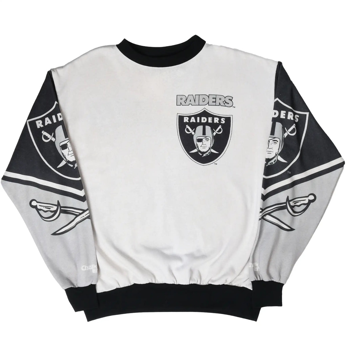 Front of Los Angeles Raiders sweatshirt with silver body, black trim, and printed sleeves