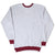 Back of gray sweatshirt with plain body and crimson ribbed collar, cuffs, and hem