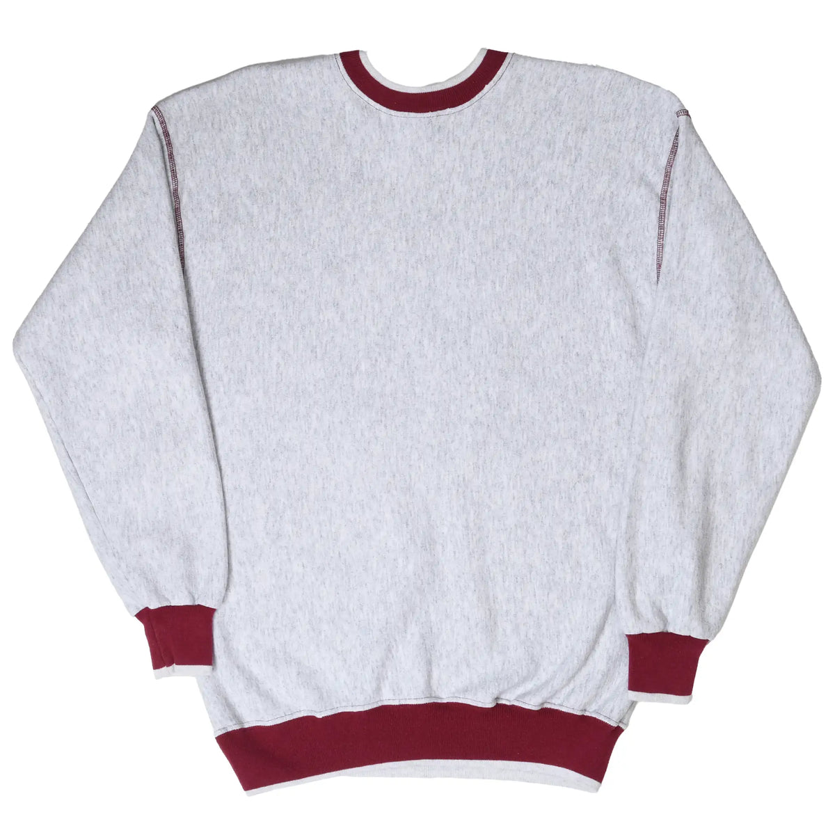 Back of gray sweatshirt with plain body and crimson ribbed collar, cuffs, and hem